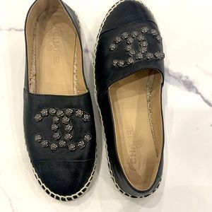 Chanel Cc Camellia Studded Lambskin Leather Espadrilles Flats